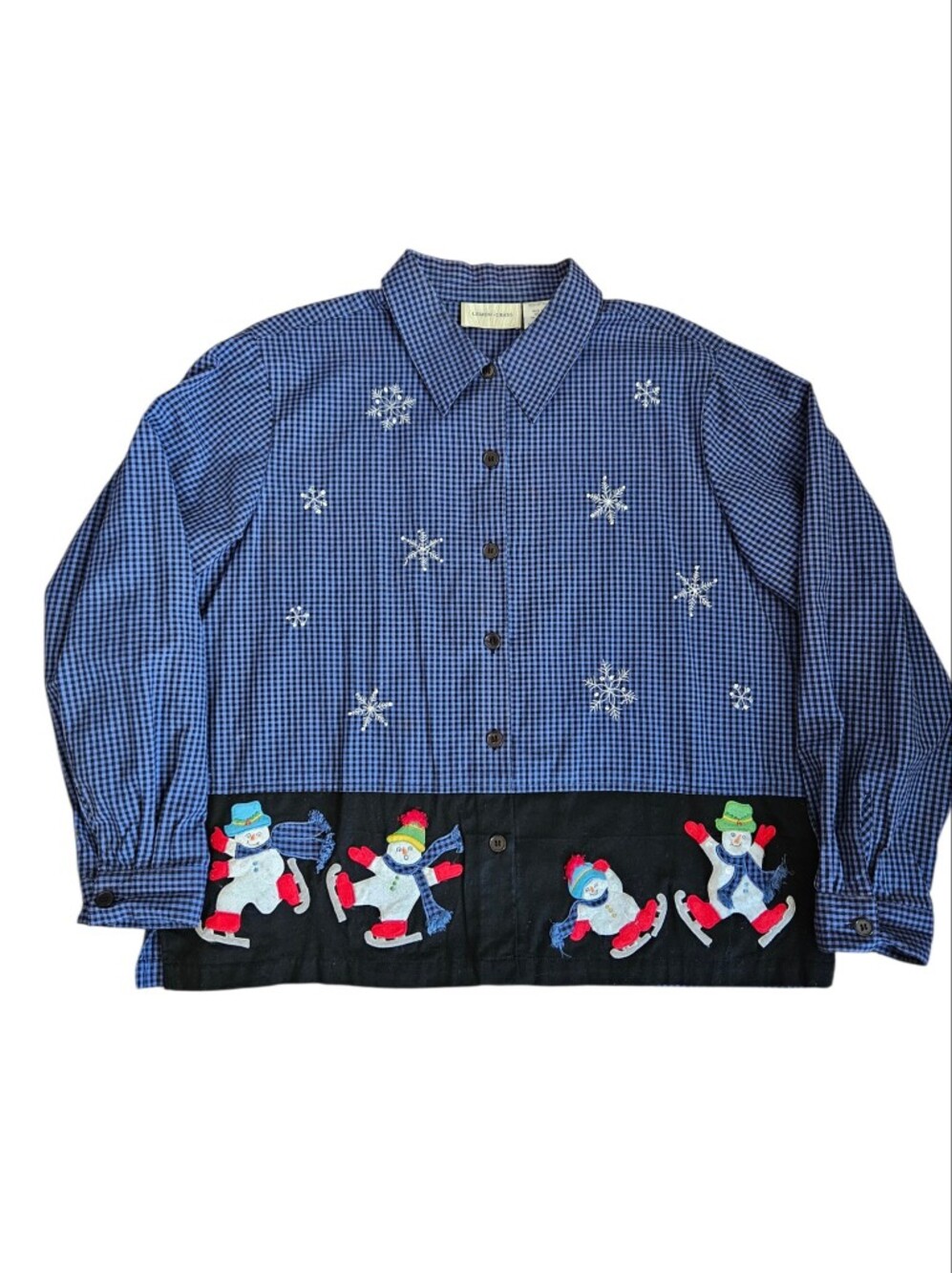 Vintage XL 100% Cotton Embroidered Snowman Christmas Blue Black Plaid Shirt